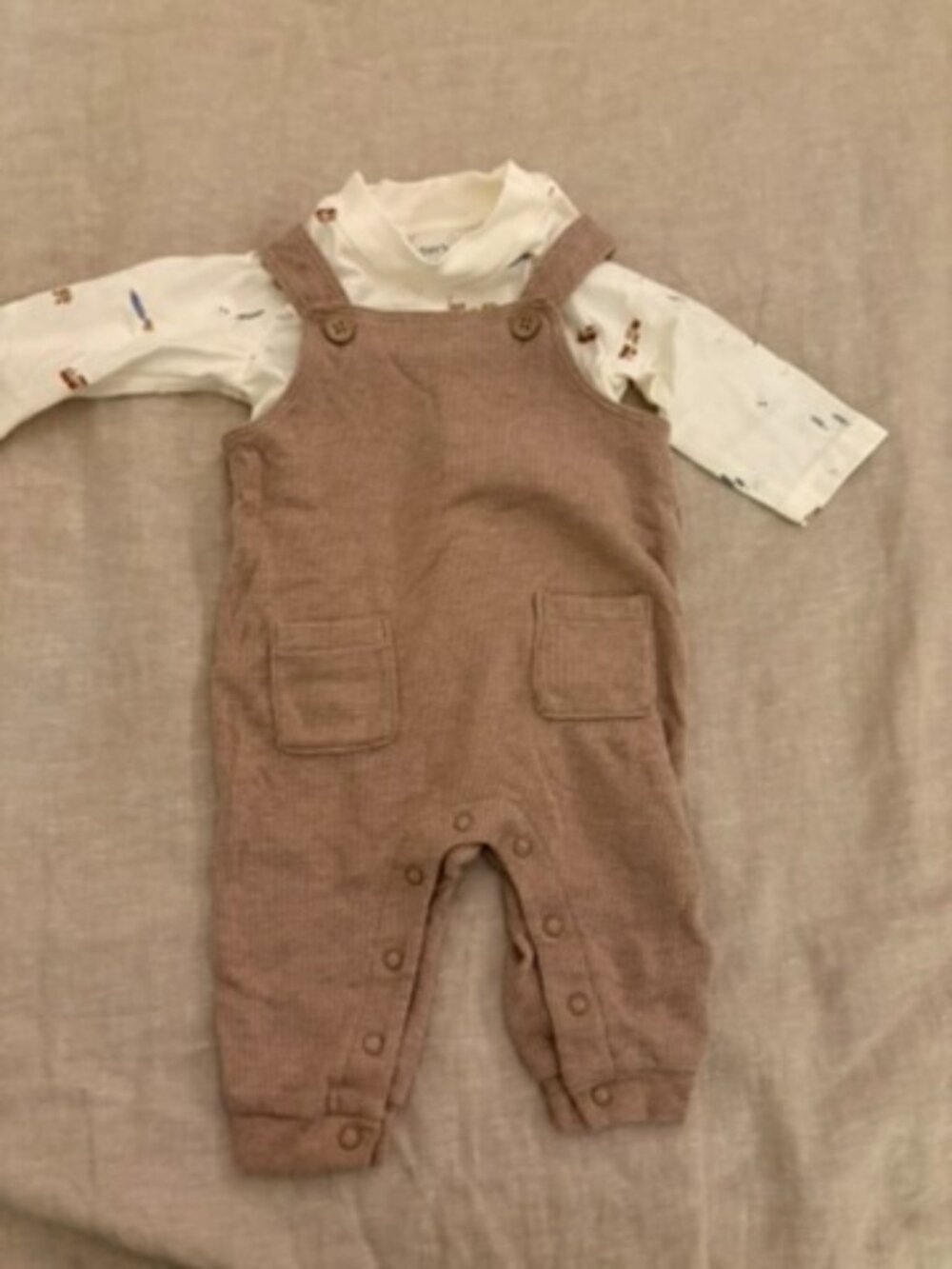 Carter’s Baby Boy Train Shirt & Tan Overalls Outfit Set 3M